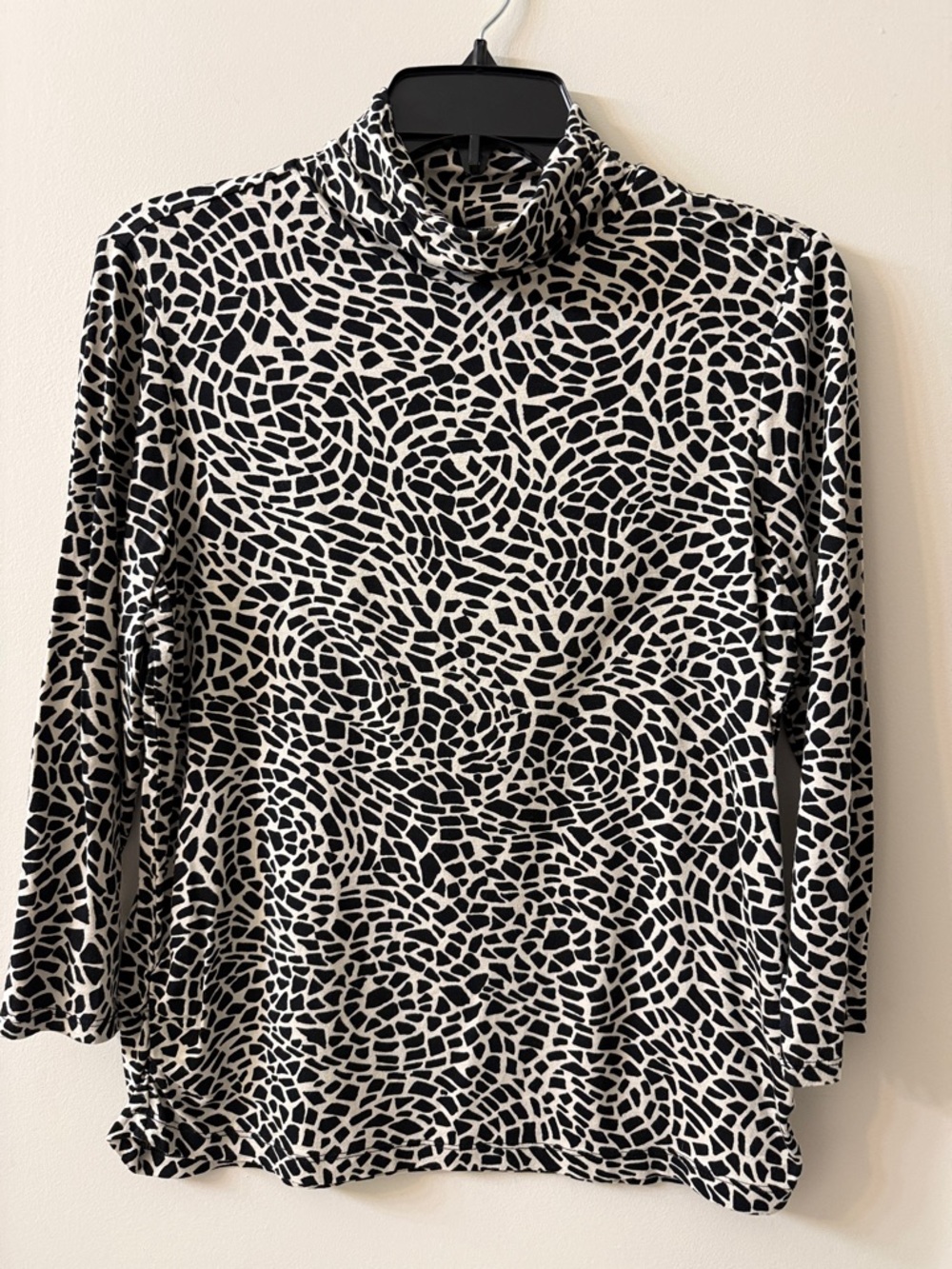 Chico's Black and Cream Mosaic Print Mock Neck Long Sleeve Top